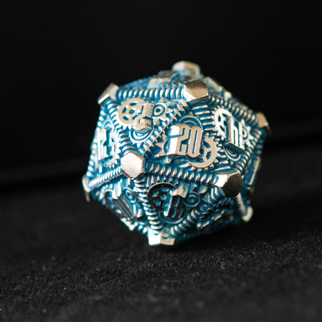 A blue and silver metal D20 with gears on all sides