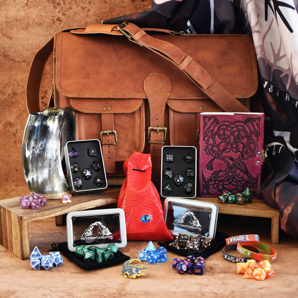 Leather laptop bag, dice sets, and other examples of items within the mystery bag bundle