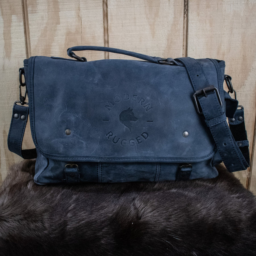 Soft navy leather hide laptop bag 