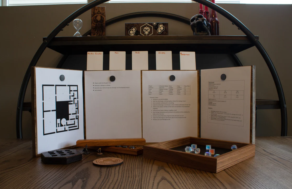 The inside of a light stained wooden dungeon master screen