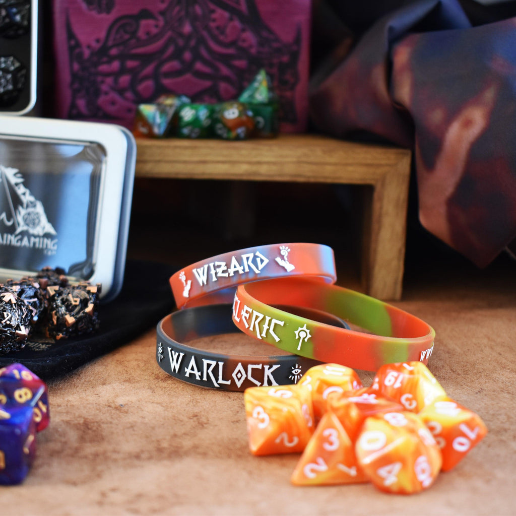 Dice and bracelets, examples of items within our mystery bundle