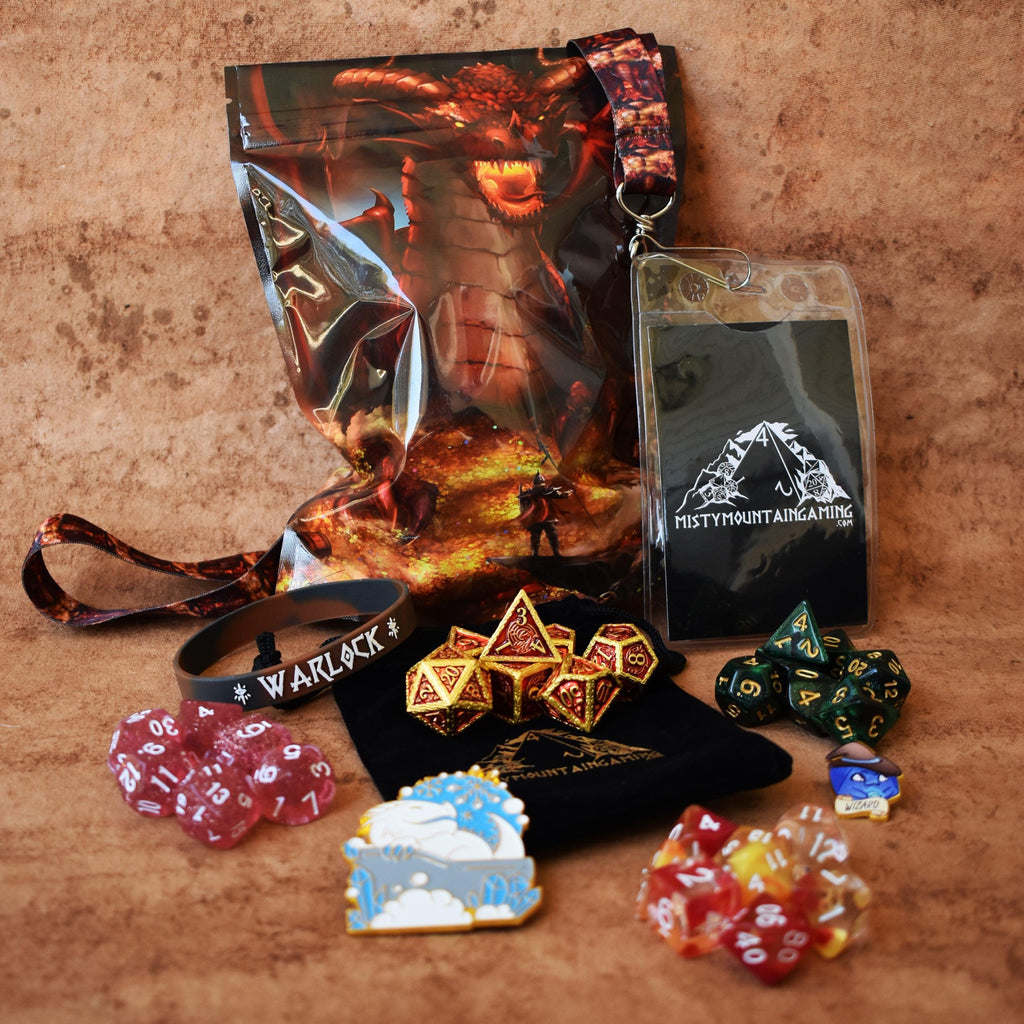 A mystery dice bag with sets of dice and examples of items within