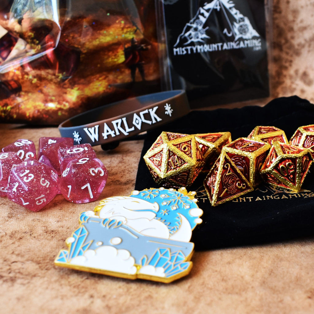 Dice and other examples of what is inside of the mystery dice bag