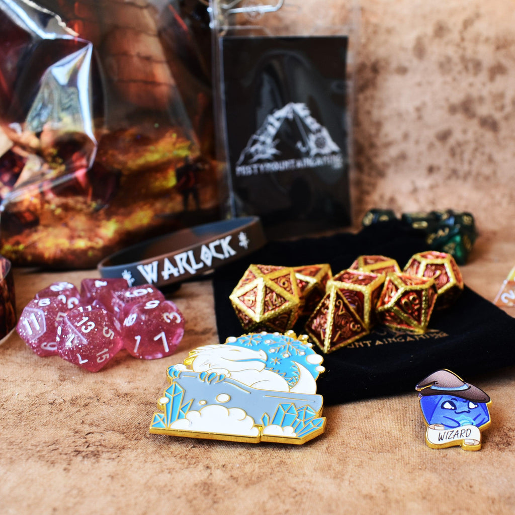 Dice and examples of other items inside of the mystery dice bag