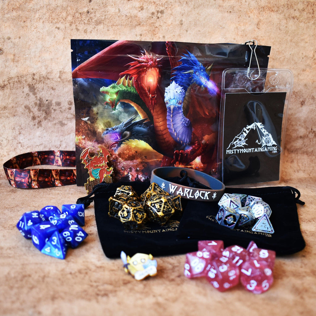 A dice mystery bag showing an example of the items within