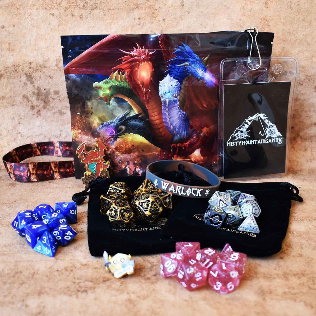 A mystery dice bag with examples of the items within