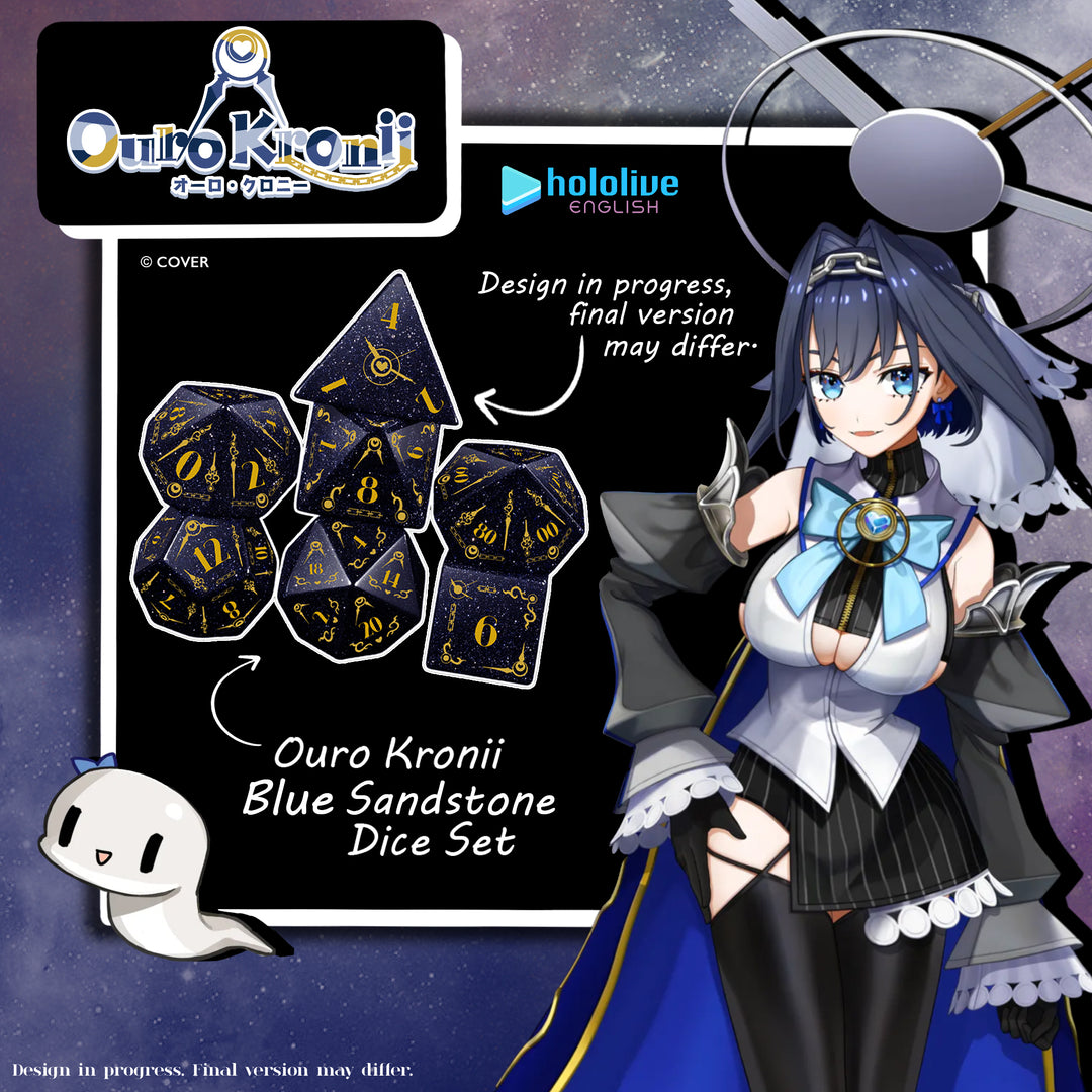 Ouro Kronii Blue Sandstone Dice Set with character and hololive branding