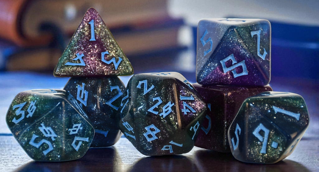 colorful shimmering set of 7 polyhedral acrylic dice with blue numbering