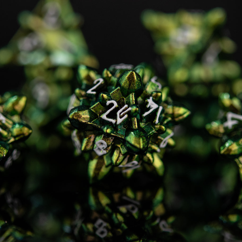 close up of green asteroid d20 dnd die