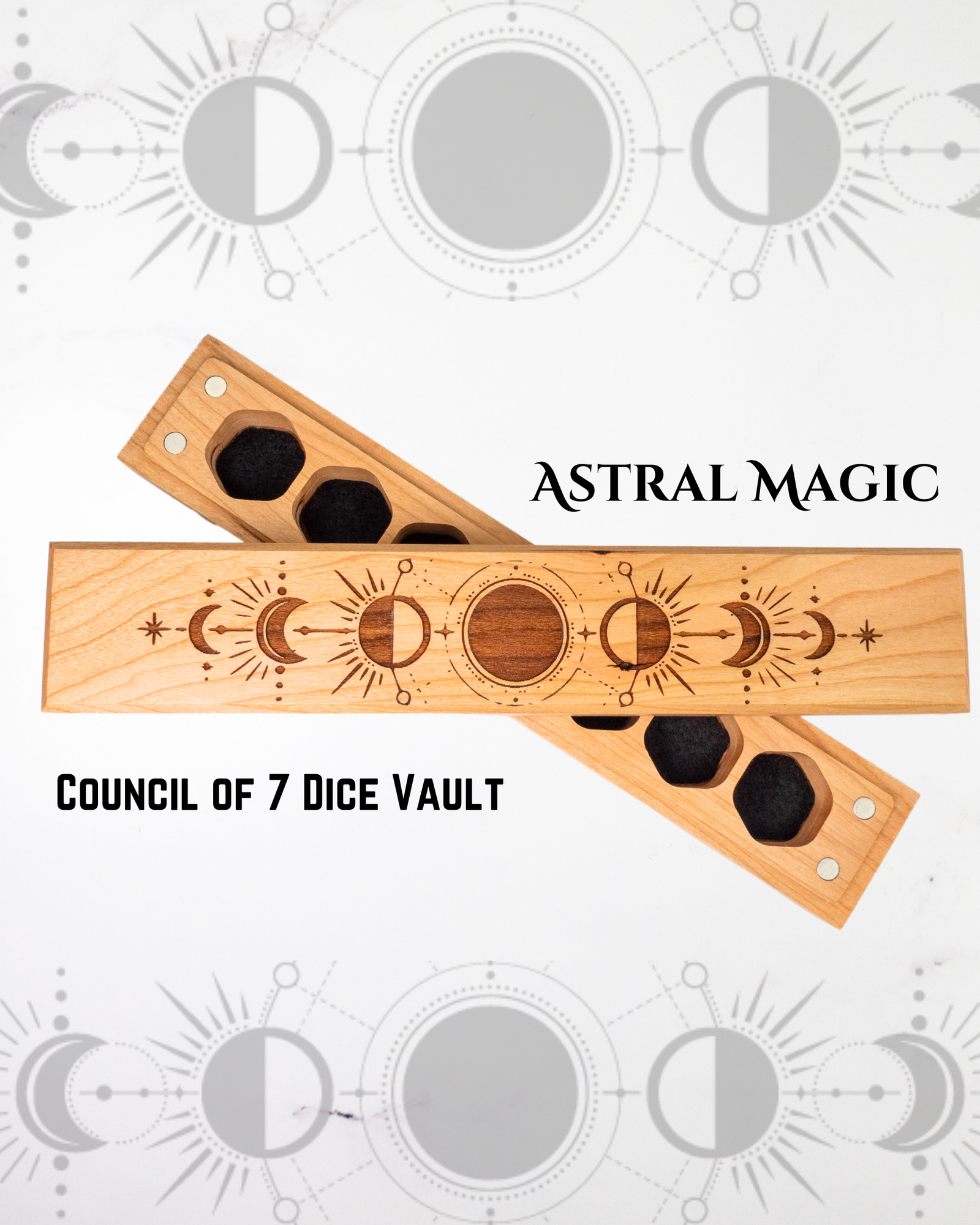 Wooden dice vault with celestial designs on a white background