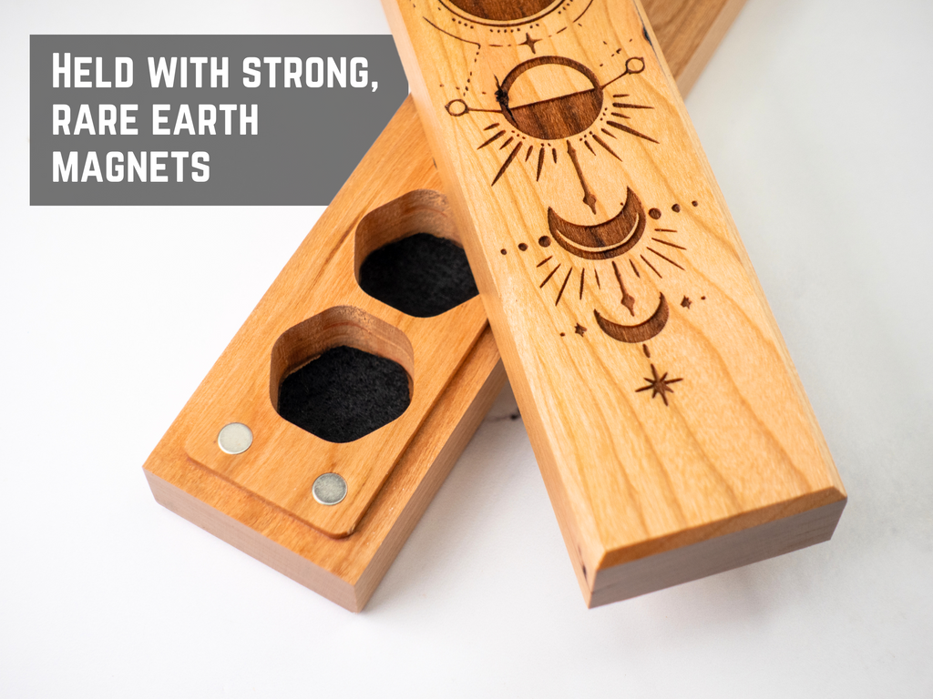 wood dice vault engraved with moons for tabletop gaming dungeons and dragons