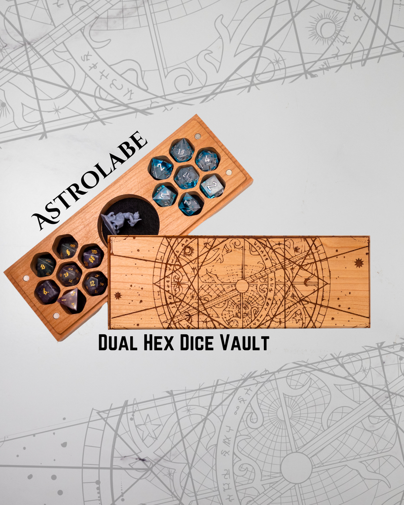Wooden dual hex dice vault with dice on a gray background with astrological designs.