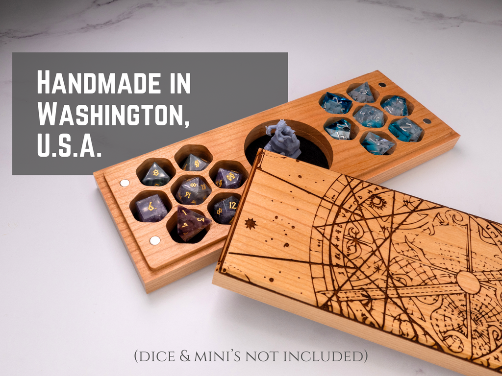 Wooden dice tray with engraved design on a light background, labeled 'Handmade in Washington, U.S.A.'