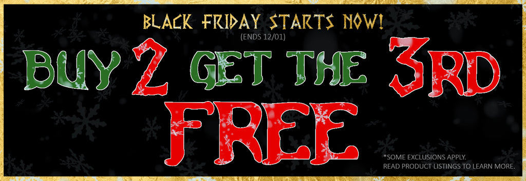 Black Friday promotional banner with text 'Buy 2 Get the 3rd Free' on a dark background.