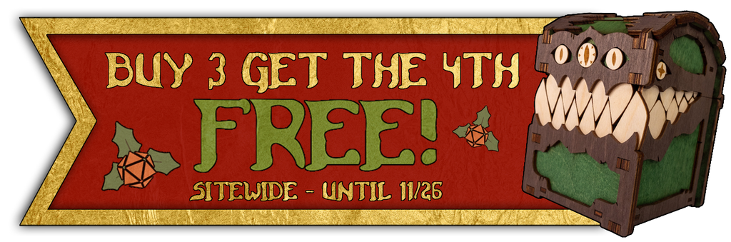 Promotional sign with text 'Buy 3 Get the 4th Free' and a cartoonish chest graphic.