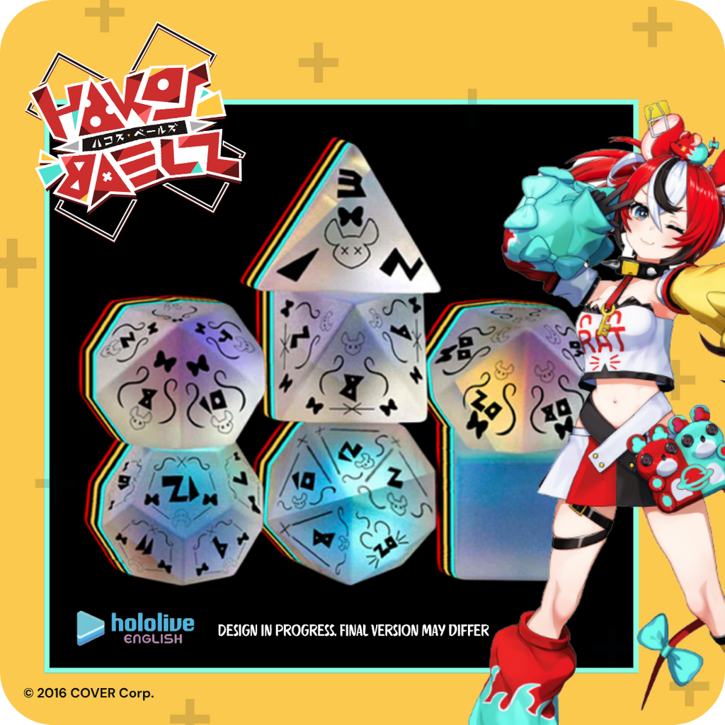 Set of dice with character design on a colorful background, featuring hololive branding.