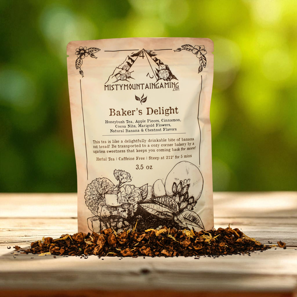 Tea bag labeled 'Baker's Delight' from misty mountain gaming with tea leaves on a wooden surface.