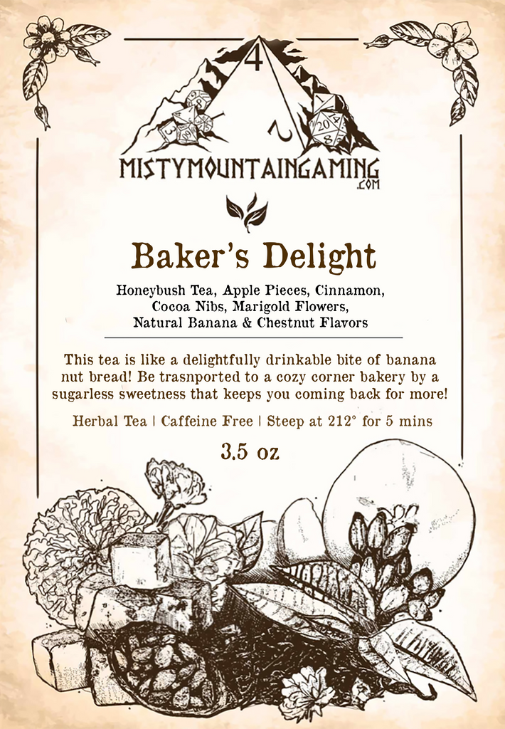 Product label for 'Baker's Delight' tea by Misty Mountain Gaming, featuring illustrations of bananas, nuts, and a coffee cup, along with text detailing the product as a caffeine-free herbal tea.