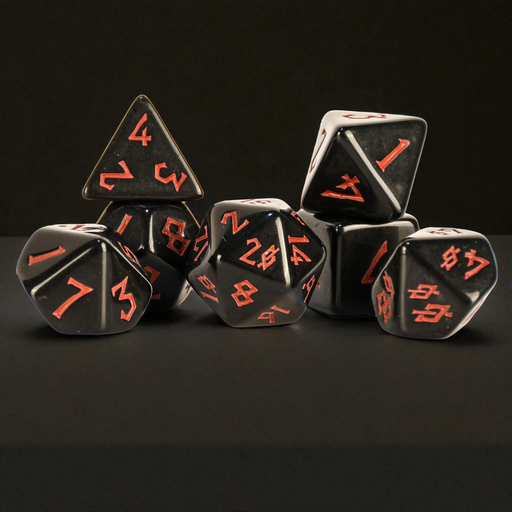 black and orange acrylic polyhedral dice set 