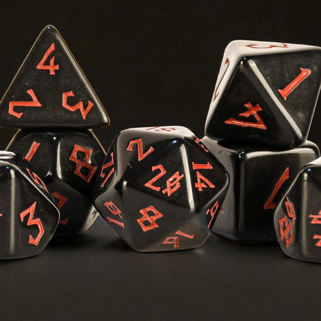 Black dice with red numbers on a black background