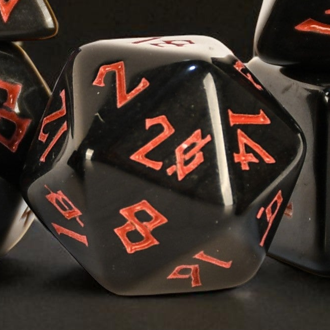 Black polyhedral acrylic dnd dice with orange numbers on a dark background