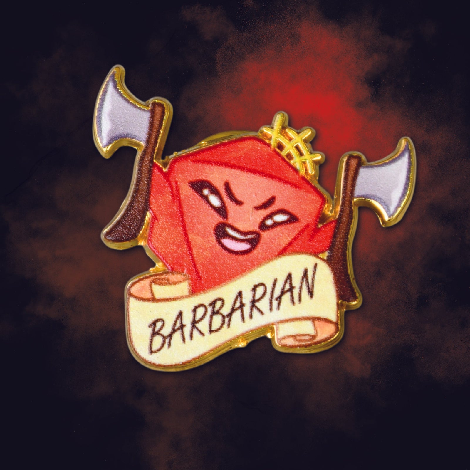 D20 pin with a red face, axe, and banner labeled 'Barbarian' on a dark background