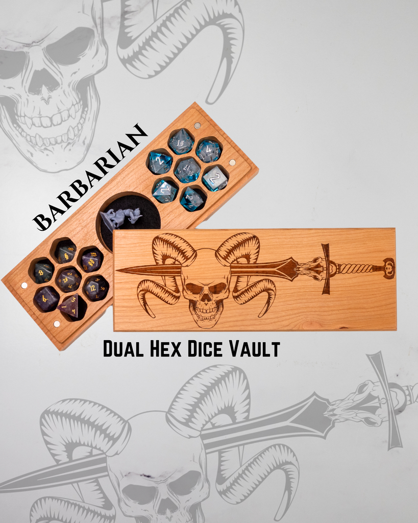 Wooden dice vault with dice and 'Barbarian' branding on a gray background with skull and sword designs.
