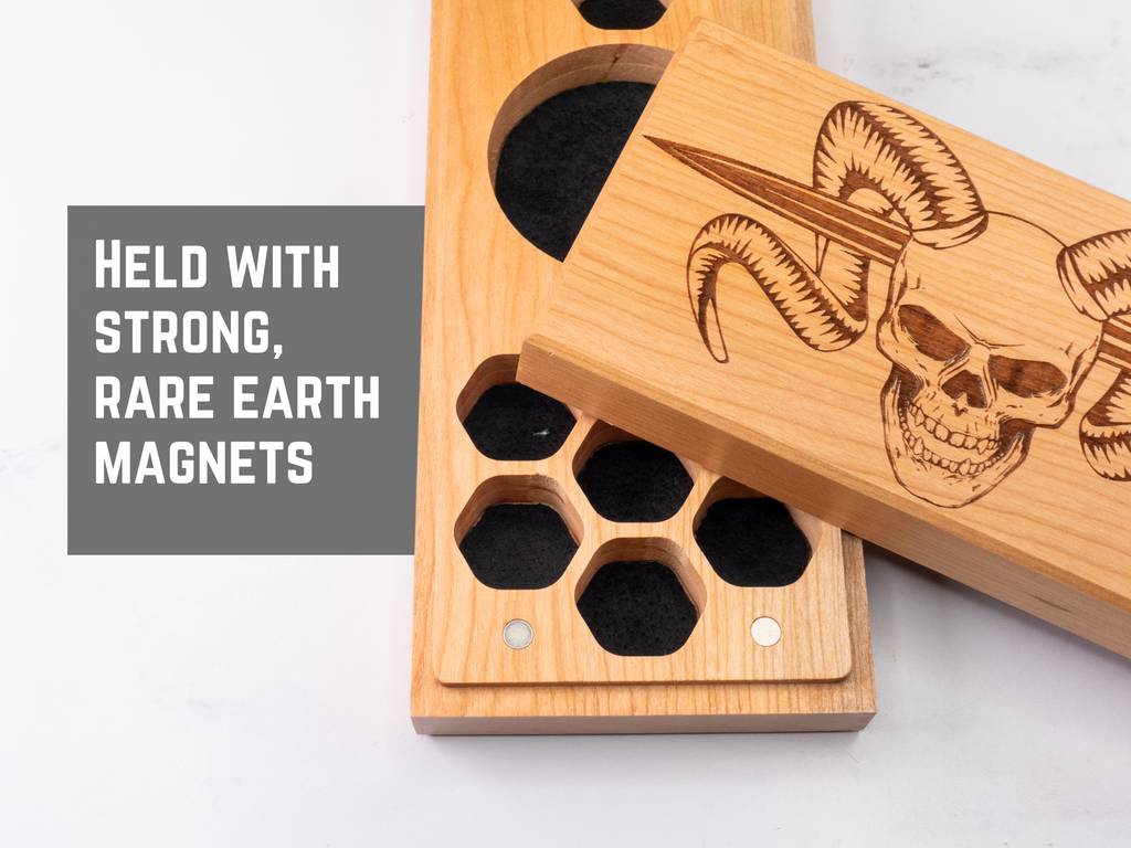 wooden magnet dice vault for ttrpg dice
