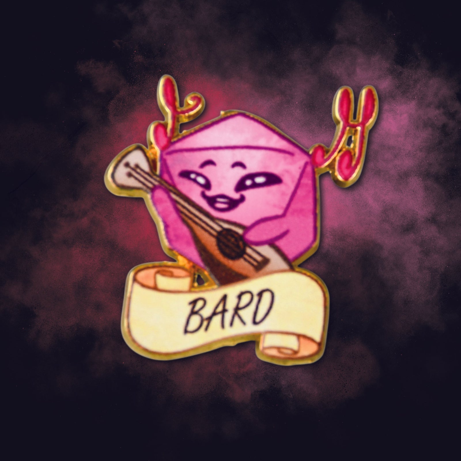 Cartoon pink d20 shaped character holding an instrument with a 'Bard' label on a dark background