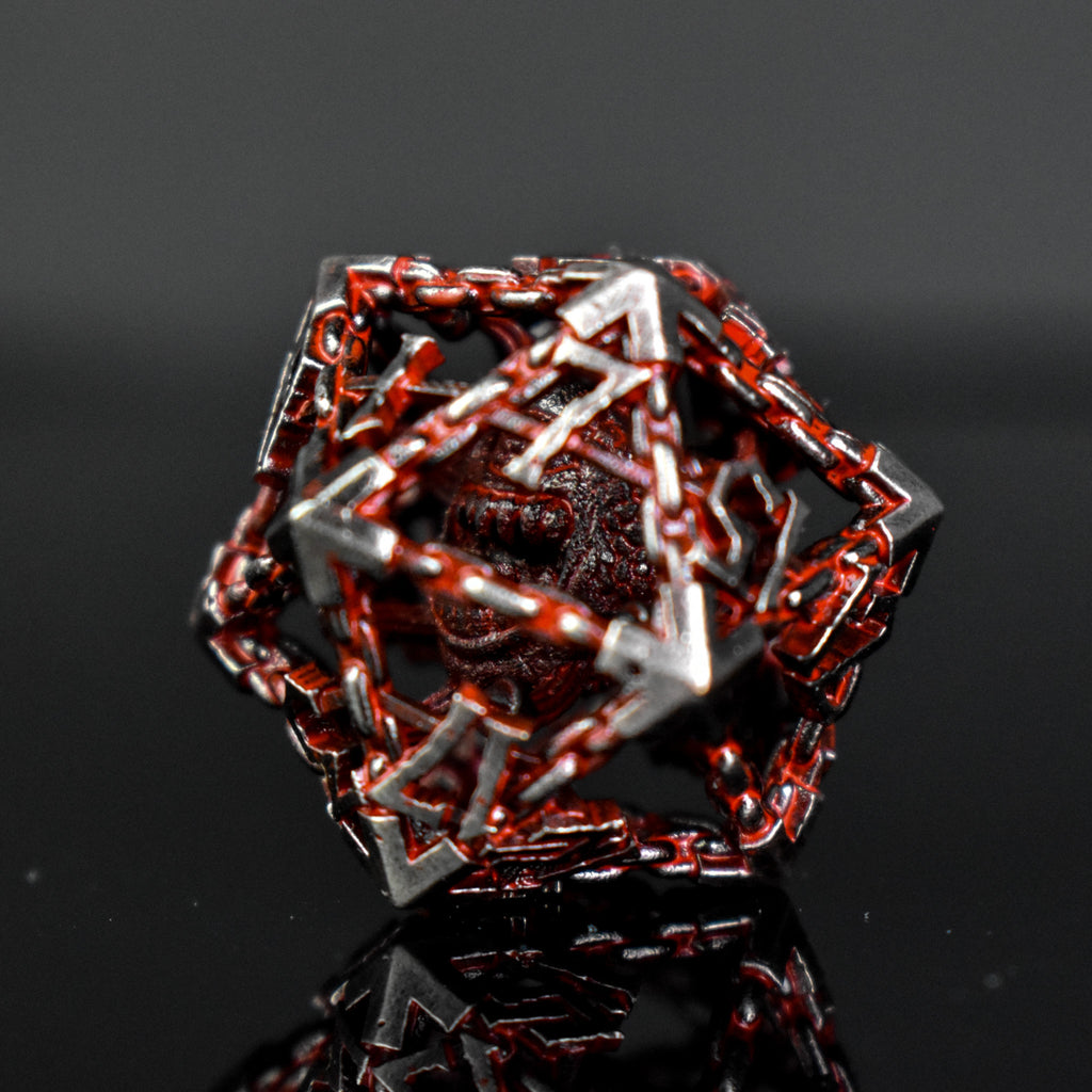 Silver and red hollow dice with beholders inside for tabletop gaming