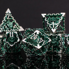 Beholder's Gates Hollow Metal Dice Set - Green and Silver
