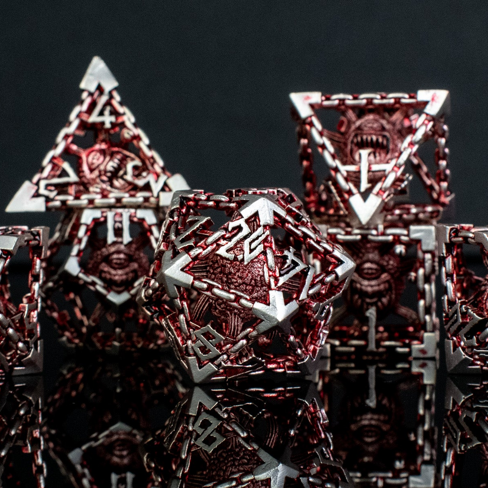 Pre-Order|| Beholder's Gates Hollow Metal Dice Set - Red and Silver