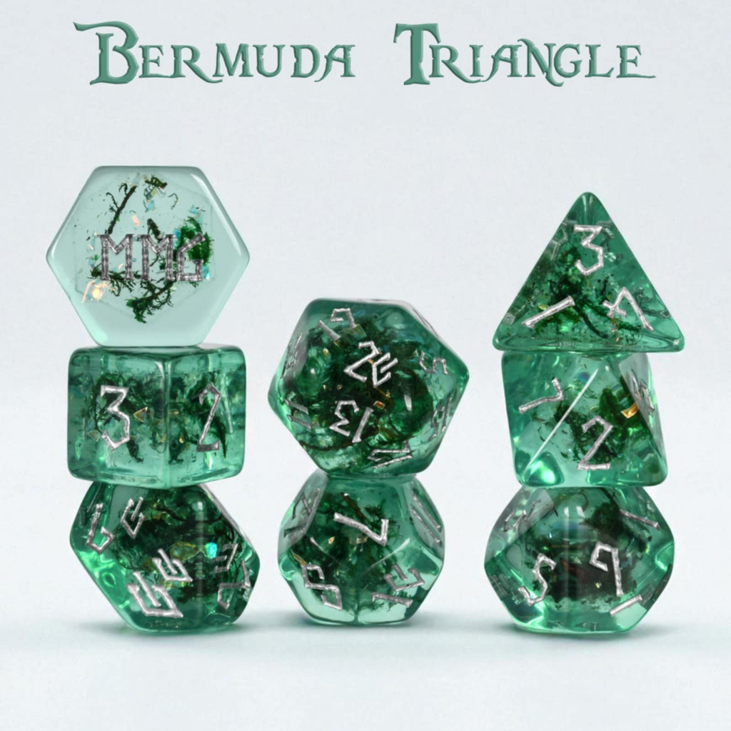 Set of green dice with 'Bermuda Triangle' text on a light gray background