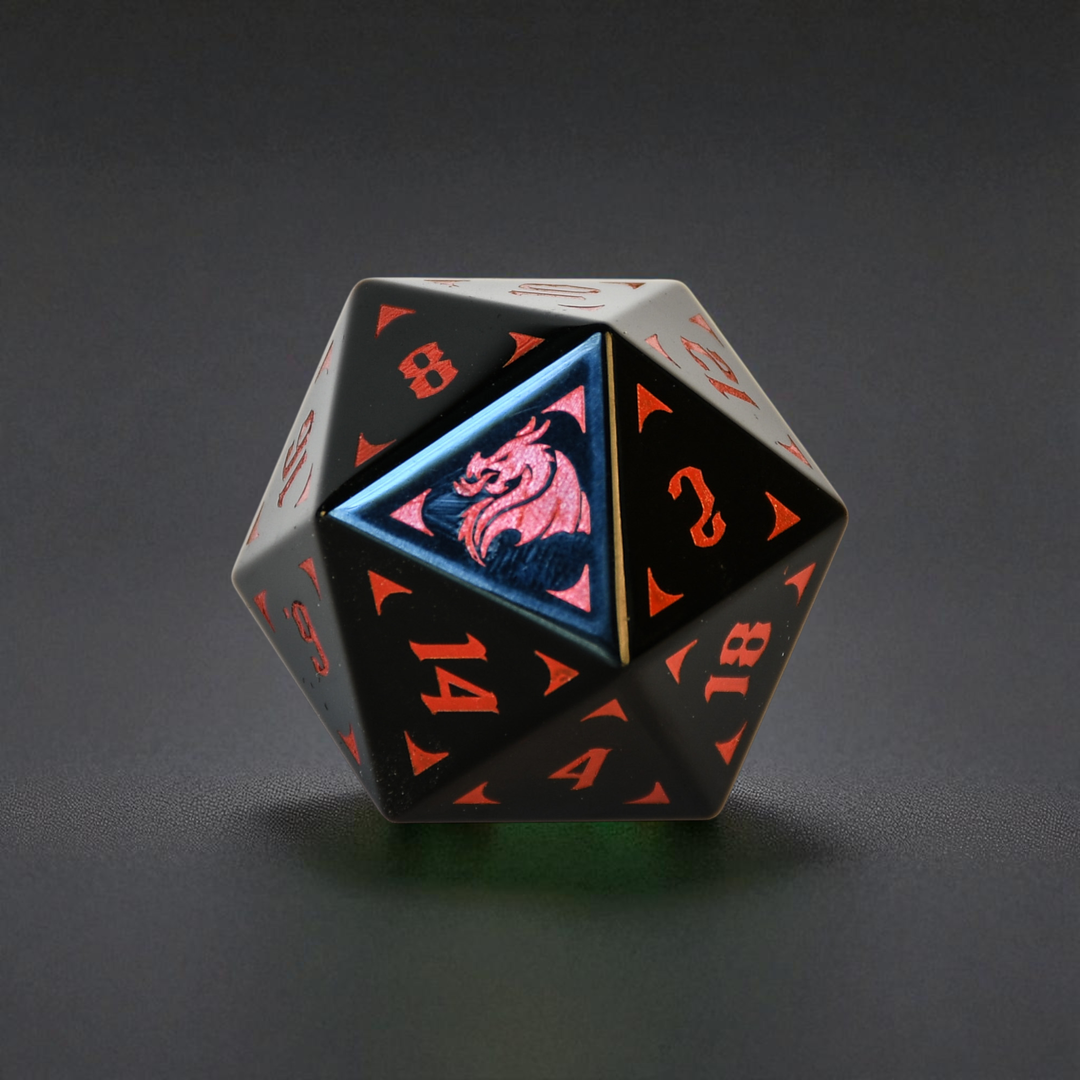 Dodecahedral dnd dice with black and red numbering on a dark gray background