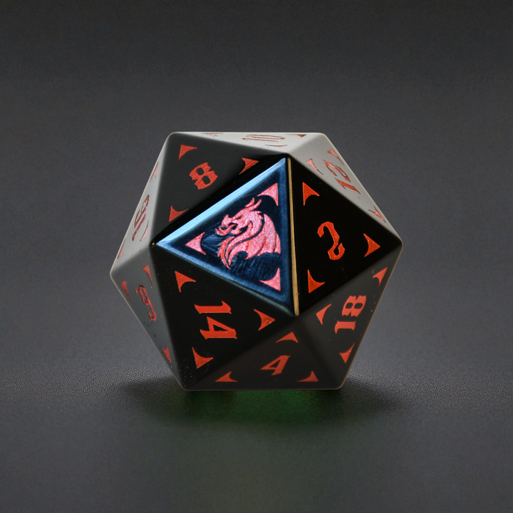 Dodecahedral dnd dice with black and red numbering on a dark gray background
