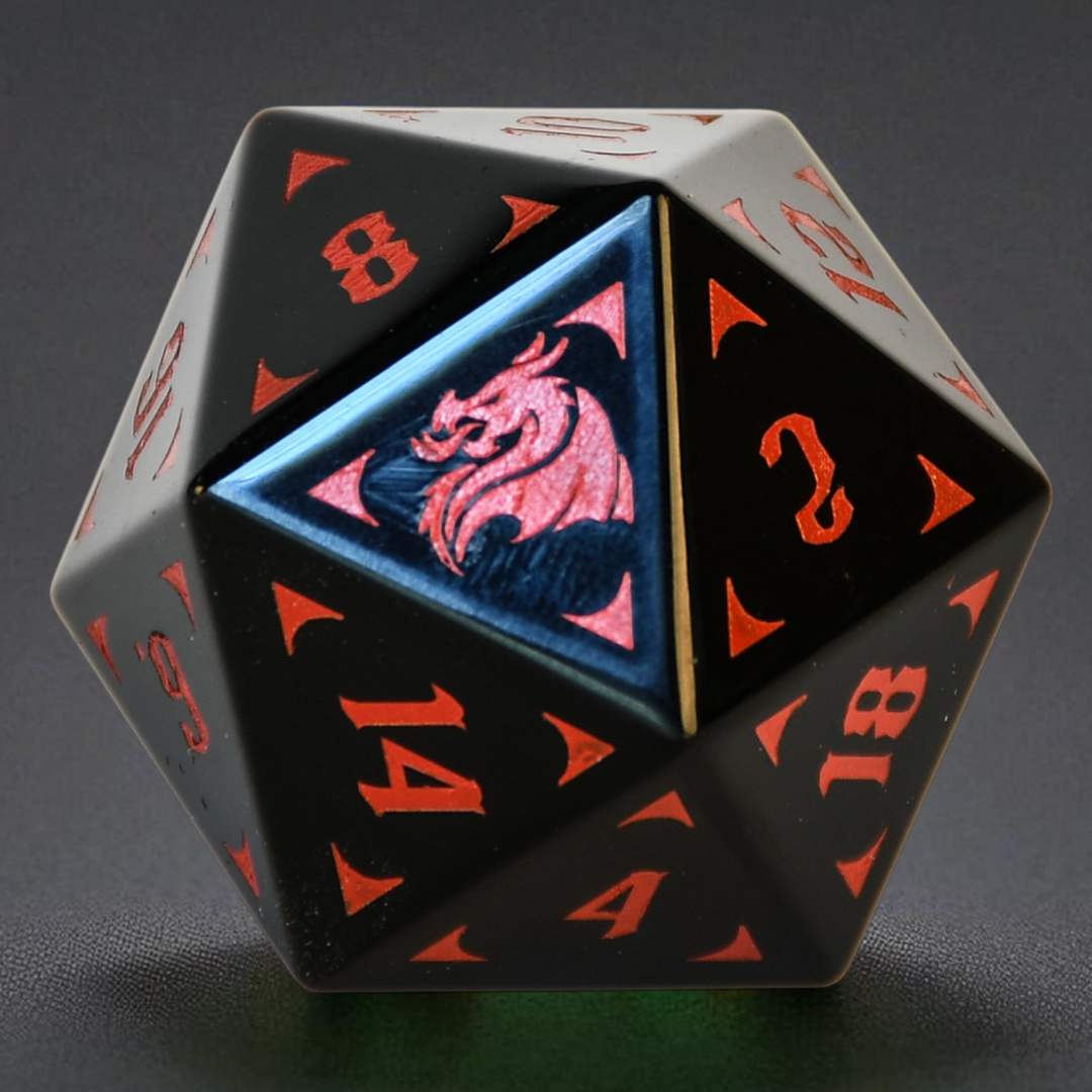 Dodecahedral dnd dice with black and red numbering on a dark gray background
