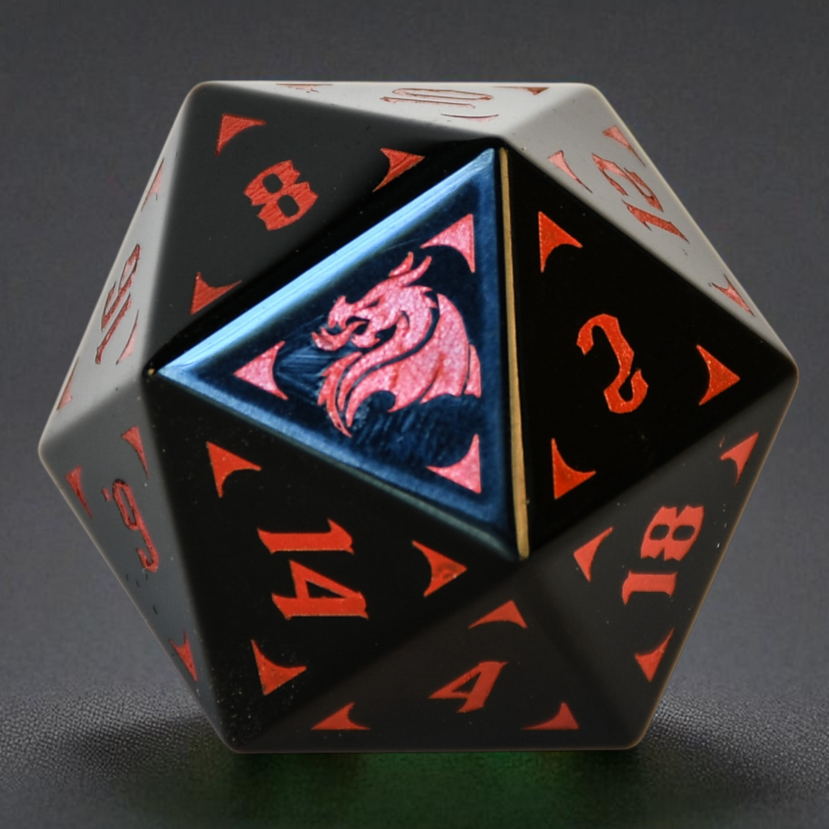 Dodecahedral dnd dice with black and red numbering on a dark gray background