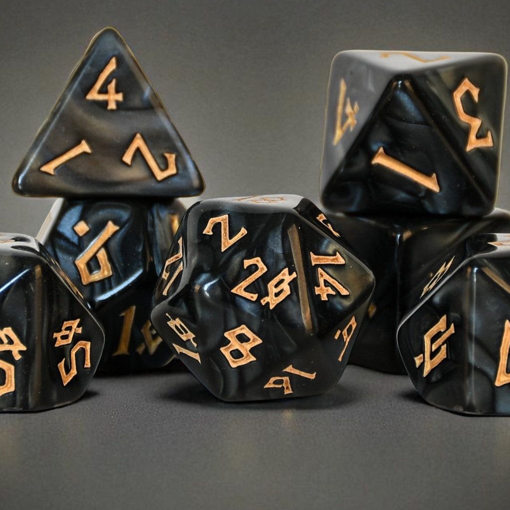 Black dice with gold numbers on a gray background