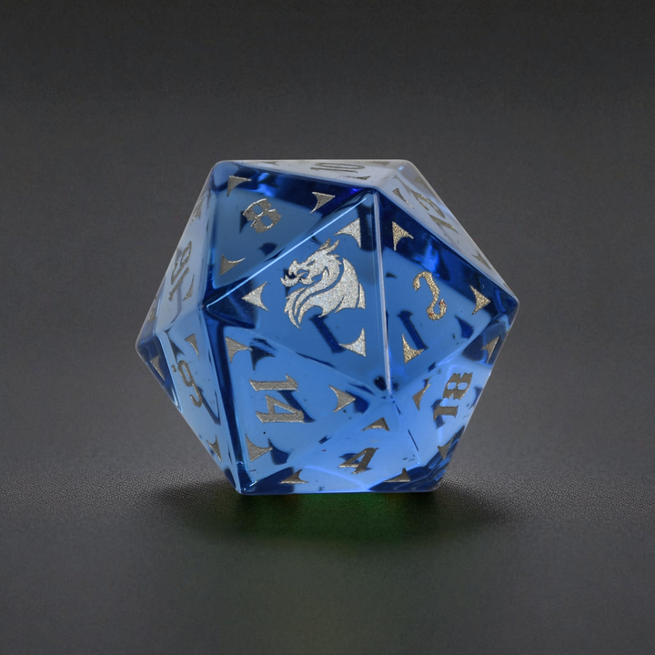 Blue polyhedral dice with white numbering on a dark gray background