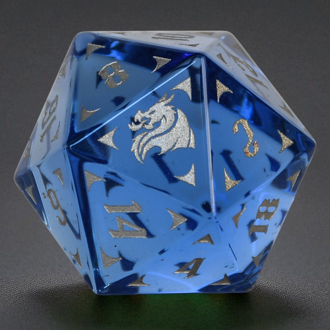 Blue polyhedral dice with white numbering on a dark gray background