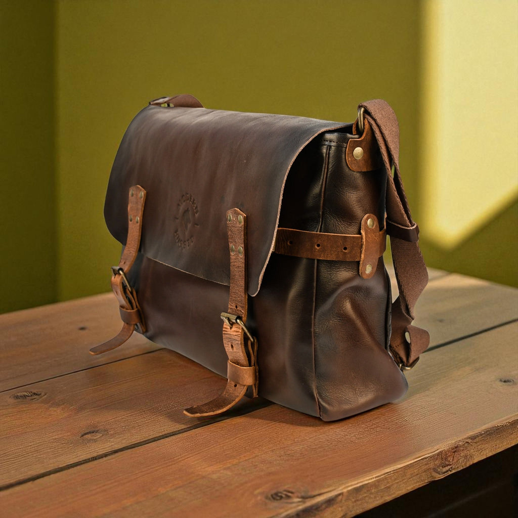Brown leather bag with straps on a wooden surface against a green wall