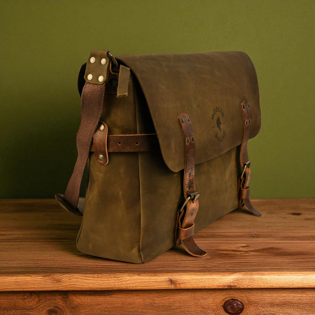 Brown leather bag with straps on a wooden surface against a green wall