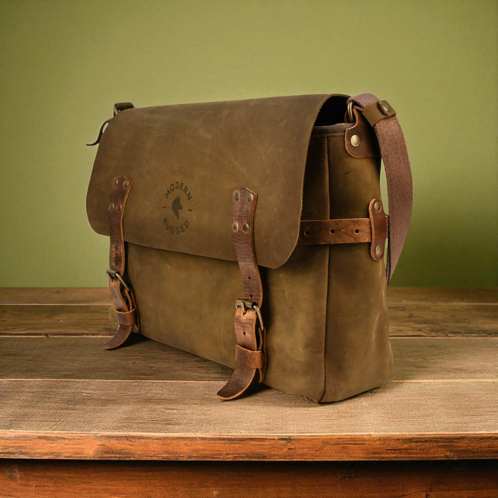 Brown leather satchel bag on a wooden surface with a green background