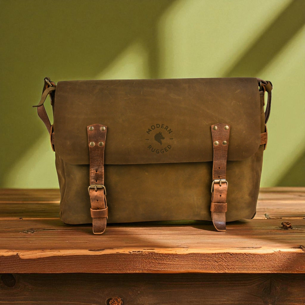 Brown leather bag with metal clasps on a wooden surface against a green wall