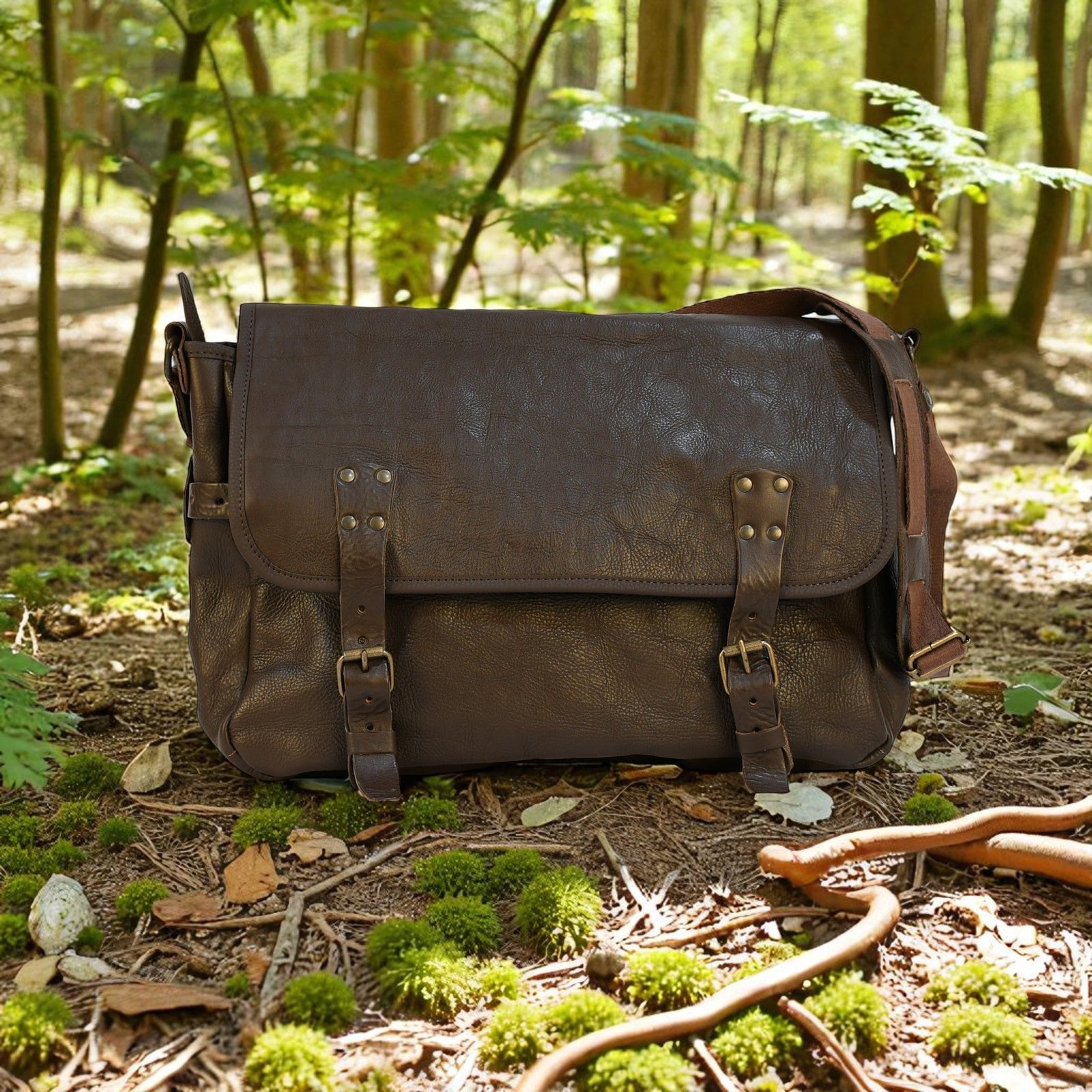 Brown leather modern rugged messenger bag on a forest floor with trees and greenery in the background