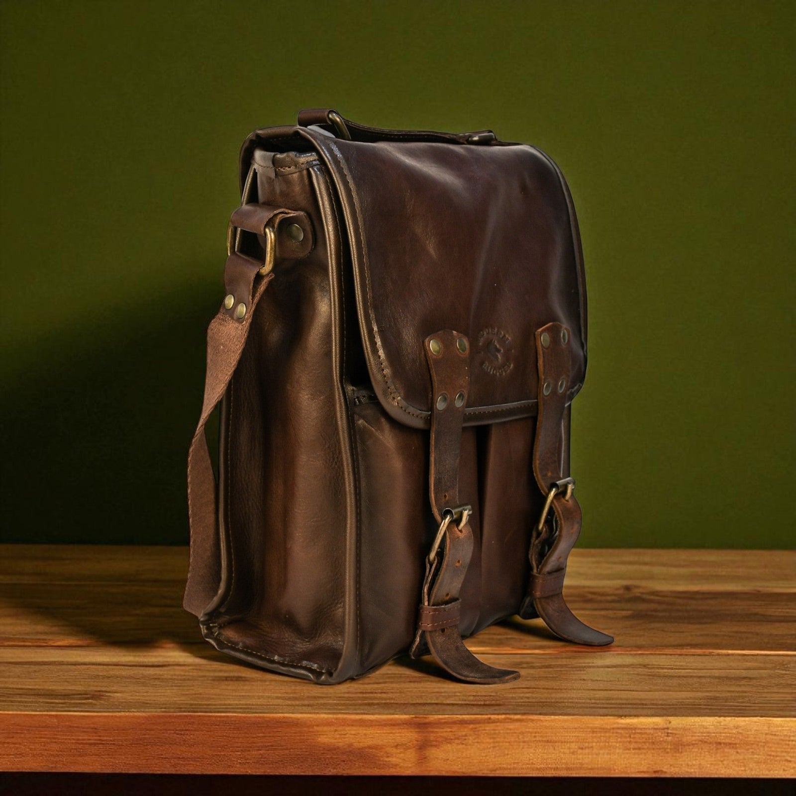 Brown leather bag on a wooden surface with a green background
