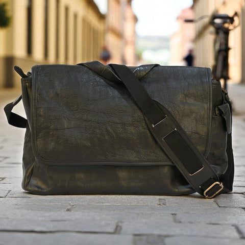 Bovine Leather Messenger Bag - Black