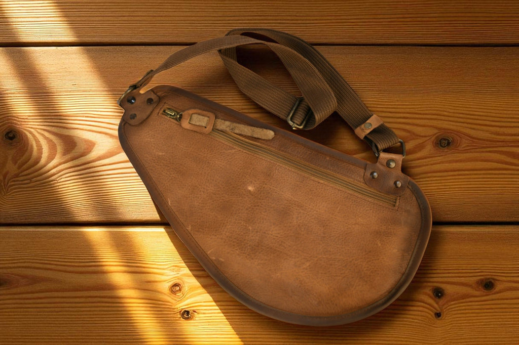 Brown leather bag with strap on a wooden surface