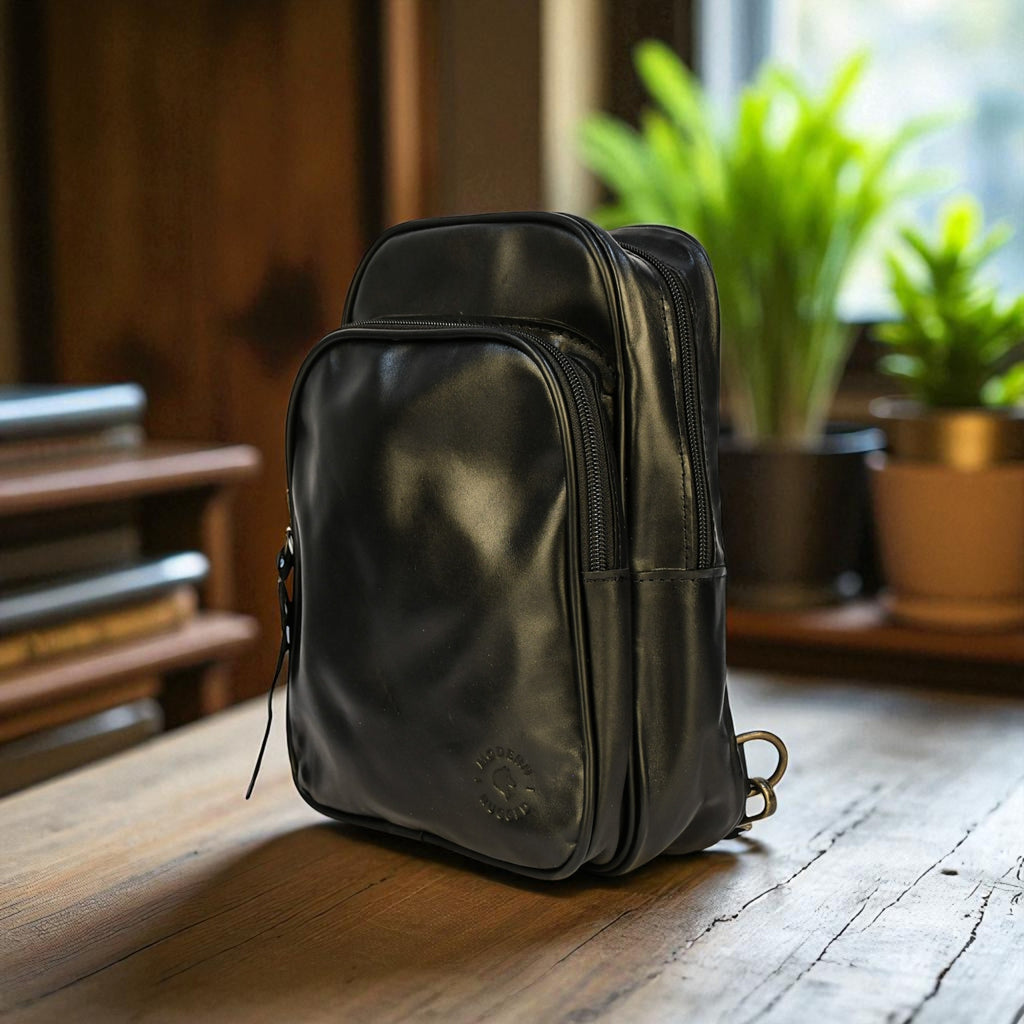 Black bovine leather sling bag on a wooden table with a blurred indoor background