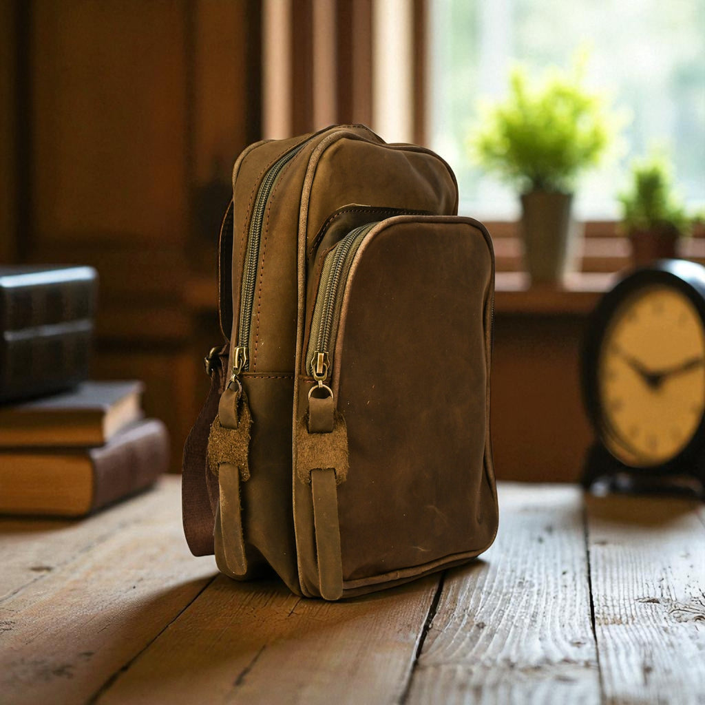 olive leather sling bag on a wooden surface with books and a clock in the background